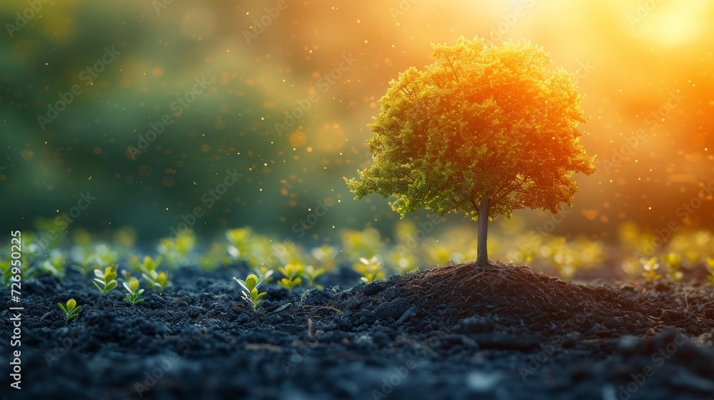 Aufkleber green tree growing on soil with sun light and bokeh background - generative ai