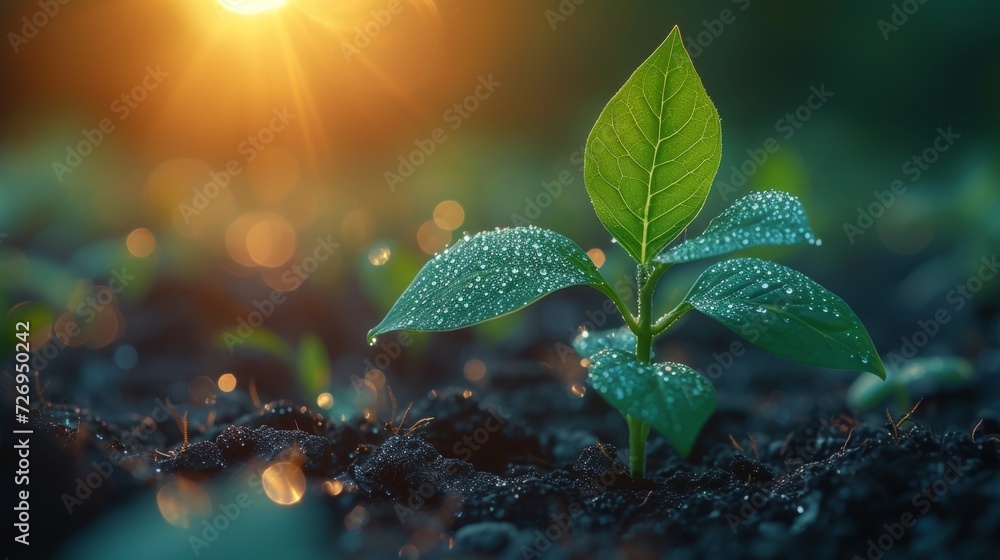 Poster green seedling growing from seed on black soil with sunlight and bokeh background - generative ai
