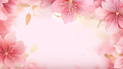 Watercolor pink flower background with golden frame