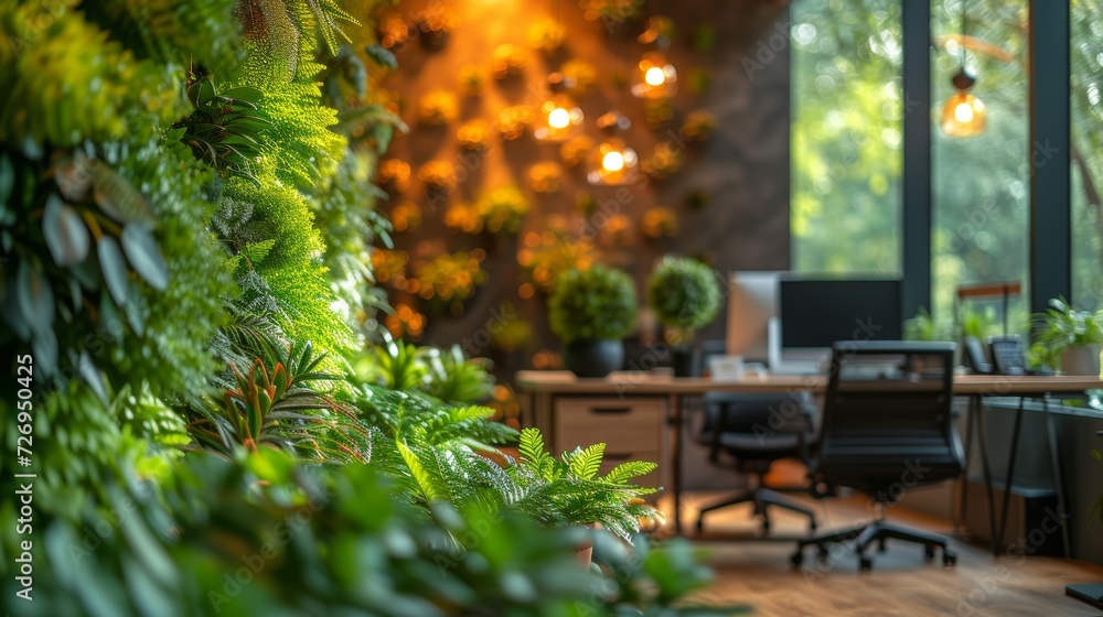 Poster interior of modern office with plants. 3d rendering mock up - generative ai