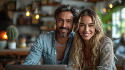 Portrait of happy couple sitting in cafe and using laptop. Smiling man and woman looking at camera. - Generative AI