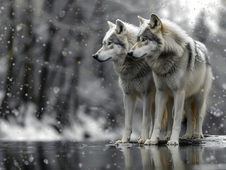 a black and white photo of wolves