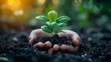 Human hand holding green seedling growing in soil with bokeh background - Generative AI