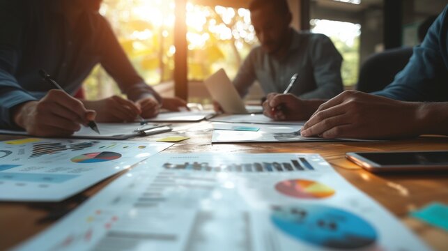 photorealism of Team work process. Marketing strategy brainstorming. Paperwork and digital in open space photorealistic studio lighting