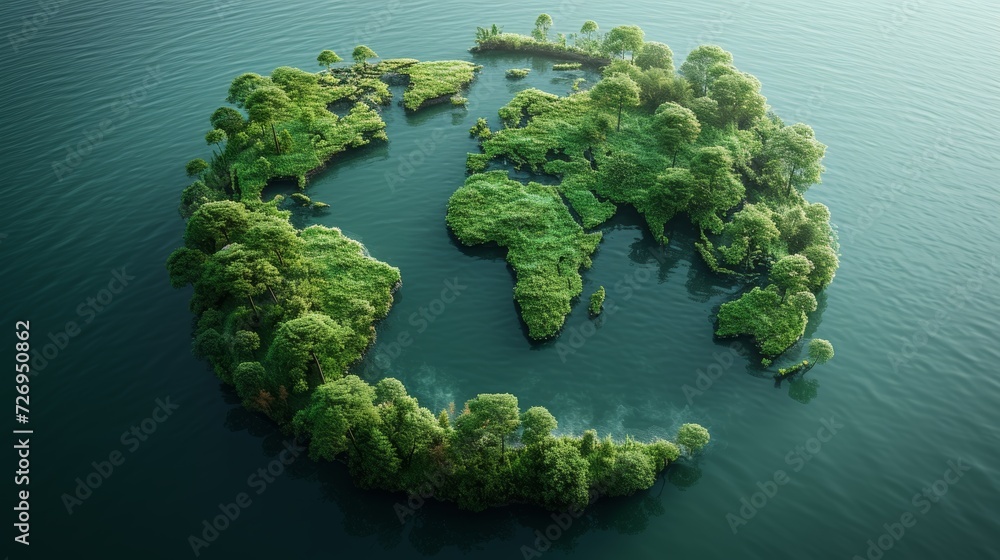 Poster green island in the middle of the sea. 3d rendering. - generative ai