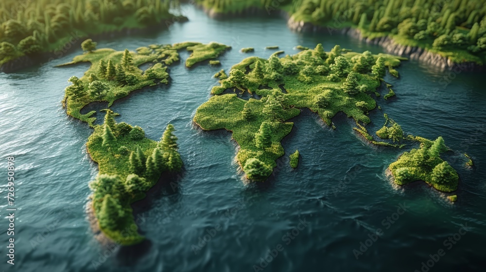 Poster small island in the middle of the ocean. 3d render. - generative ai