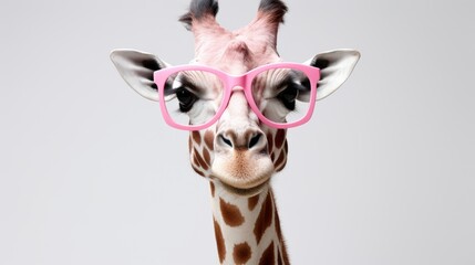 Close-up of a stylish fashionable giraffe wearing pink glasses on a white background with copy space.