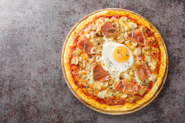 Pizza Alla Bismarck a basic pizza dough is topped with tomato sauce, mozzarella, mushrooms,...