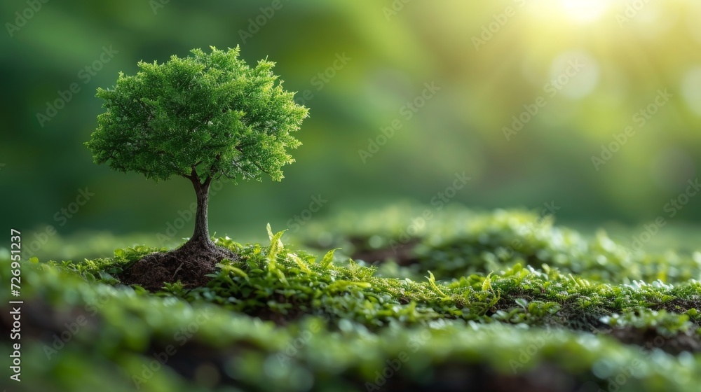 Poster small tree growing on green moss with sunlight and bokeh background - generative ai