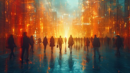 Obraz premium Futuristic city with silhouettes of people walking. 3D rendering - Generative AI