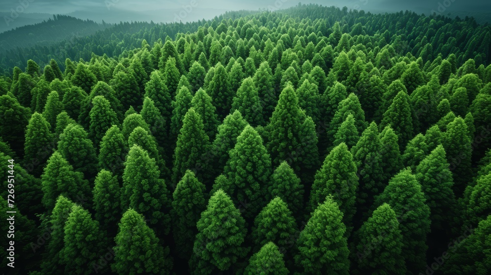 Poster top view of pine trees in the forest. 3d render illustration - generative ai