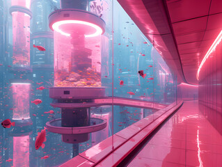 A futuristic city with tall buildings and a pink aquarium tower. Fish are swimming in the sky.