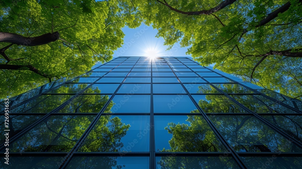 Aufkleber reflection of trees in windows of modern office building. bottom view. - generative ai