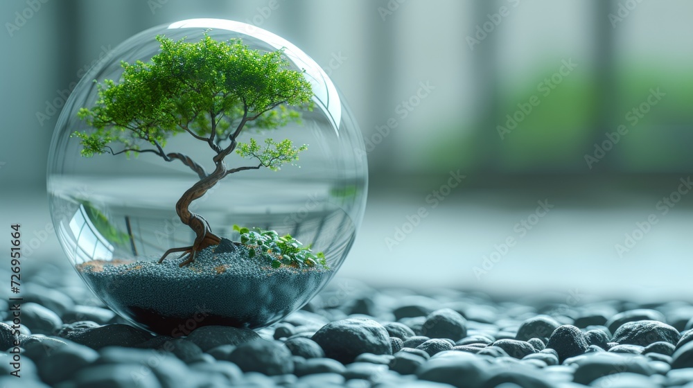 Poster green tree in a glass dome. environment protection concept. 3d rendering - generative ai