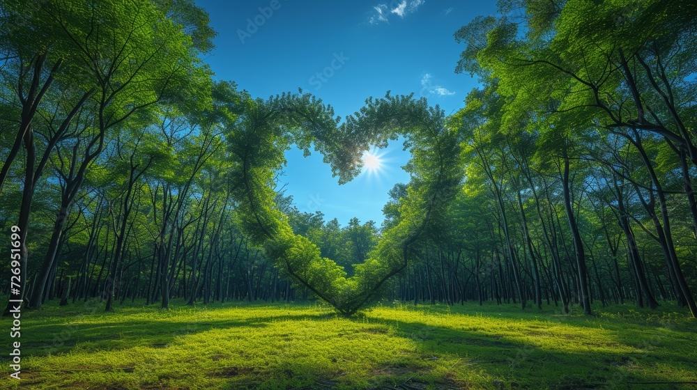 Poster forest in the shape of a heart on a background of blue sky - generative ai