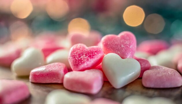 Pink and white and pink heart shaped candies, blurred background. Tasty sweets. Valentine's Day