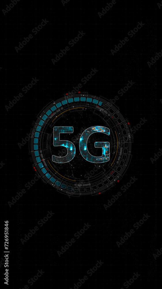 Poster blue digital 5g letter and circle futuristic hud elements with generation of connection technology o
