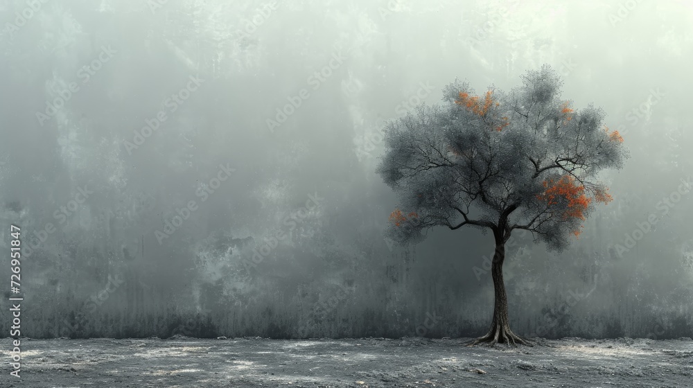 Poster autumn tree in the fog. 3d illustration. background texture - generative ai