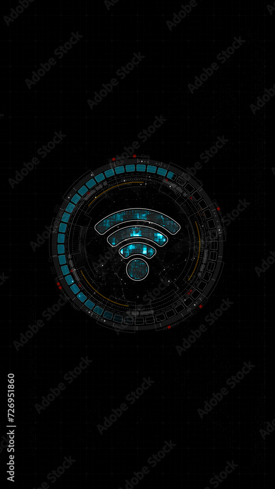 Poster blue digital wifi logo and circle futuristic hud elements with data transfer and wireless fidelity c