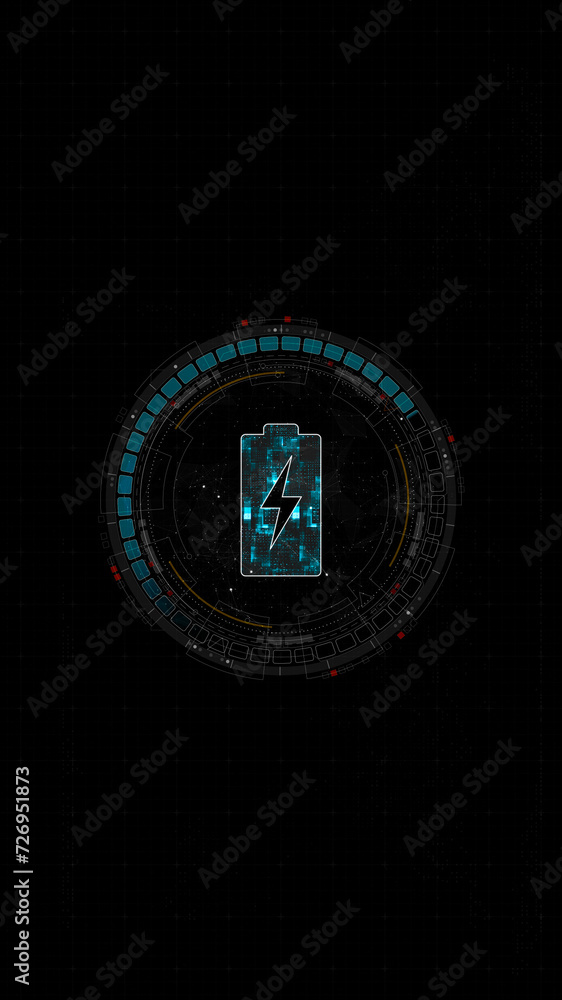 Poster blue digital battery logo and circle futuristic hud elements with power reserve on abstract backgrou