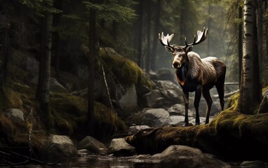 realistic photo of Moose in the forest among trees and rocks. generative ai