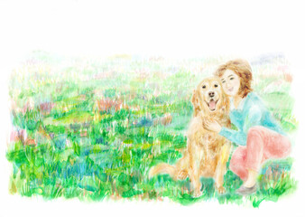 犬と女性　手描き
