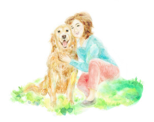 犬と女性　手描き