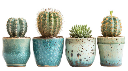 Front view, realistic photography about a collection of four beautiful cactus plants in ceramic pots, isolated on white background...