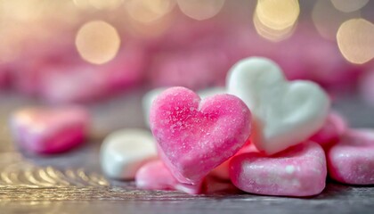 Fototapeta premium Pink and white and pink heart shaped candies, blurred background. Tasty sweets. Valentine's Day
