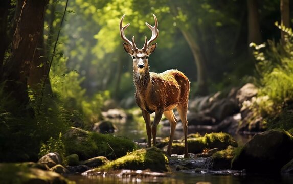 realistic photo A beautiful deer grazes in the forest on a sunny day. generative ai