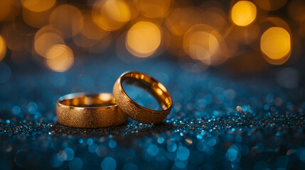 Obraz na płótnie Canvas A pair of gold wedding rings with a bokeh background, Gold wedding rings on a black background with bokeh effect. Generative AI, 