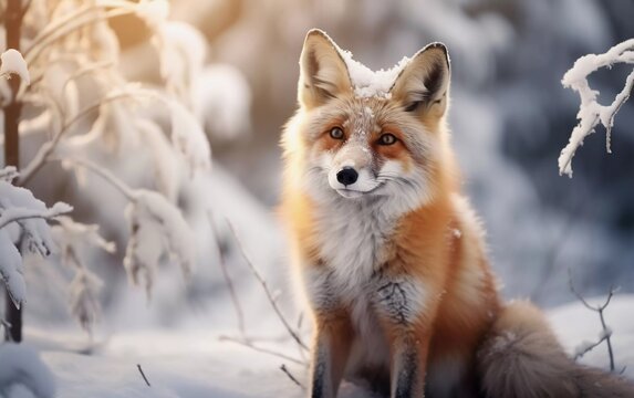 Realistic photo of Red Fox, close-up portrait. Lay in colorful autumn vegetation. generative ai