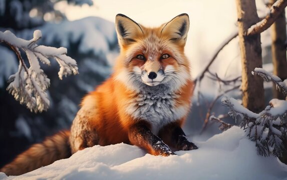 Realistic photo of Red Fox, close-up portrait. Lay in colorful autumn vegetation. generative ai
