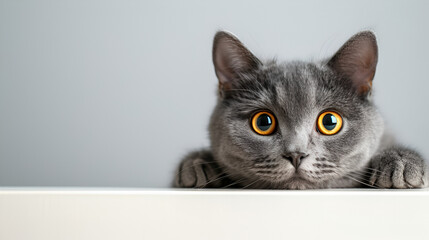 Beautiful funny grey British cat peeking out from behind a white table with copy space, Generative AI