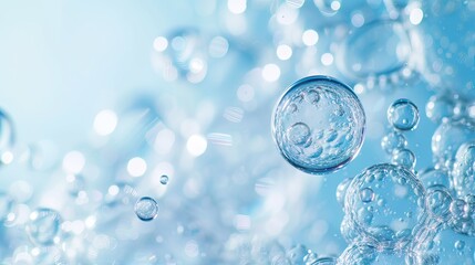  Sodium Hyaluronate and Essential Oil Bubble on Light Blue Background, Generative AI