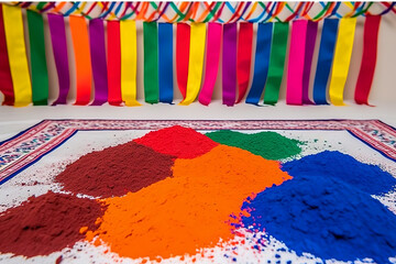 Piles of colorful powder on a white surface with a vibrant striped background.