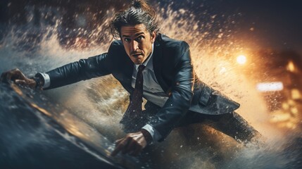 A man in a business suit with a surfboard in a whirlpool.
