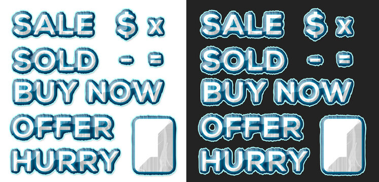 Sale, Sold, Buy, Offer text icons.Frozen ice style PNG image