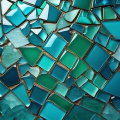 Abstract mosaic of shattered glass in cool tones of blue and green2 - obrazy, fototapety, plakaty
