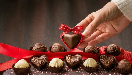 バレンタインデーのハート型のチョコレートを持つ手 - obrazy, fototapety, plakaty