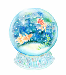 スノードームの中で泳ぐ赤い金魚　手描き
