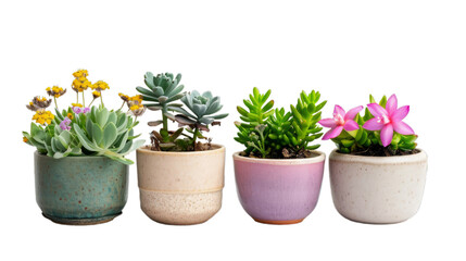 Obraz premium Front view, realistic photography about a collection of beautiful flower type plants in ceramic pots, isolated on white background...