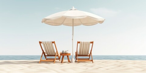 Beach chair and umbrella on the sandy beach.