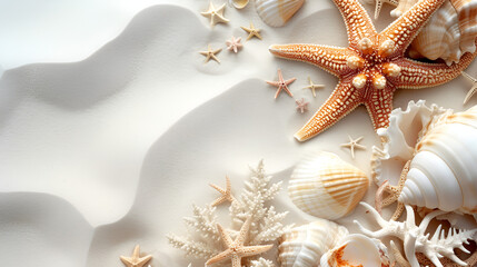 Fototapeta na wymiar Summer-themed beach banner/header with shells, corals, and starfish on pure white sand. Stylish beach accessories and tropical sea star, Generative AI