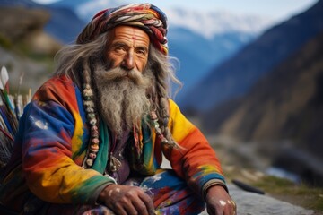 Portrait of an old man sitting on the rocks in the Himalayas