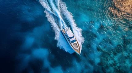 Foto op Canvas Aerial_drone_ultra_wide_top_down, Aerial drone ultra-wide top-down photo of sport canoe with young team of athletes practising in deep blue open ocean sea, generative ai © Saleem