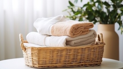 Fototapeta premium Wicker basket with clean towels on table in bathroom, closeup