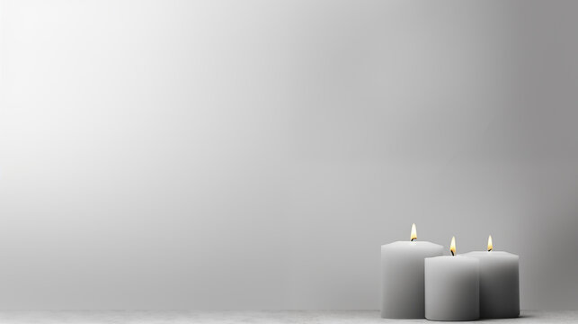 Minimalist Sympathy Condolences Grief card. Three burning candles on a muted light grey background. Copy space.