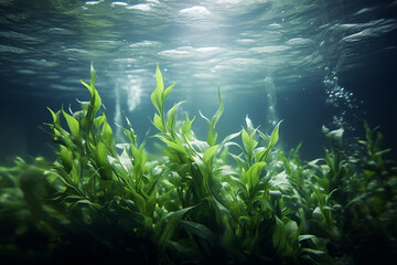 Blue carbon sinks. Natural carbon sinks capture emissions. Underwater plant role in carbon sequestration. Kelp forest and seagrass meadow. Underwater forest carbon dioxide capture. - obrazy, fototapety, plakaty
