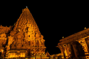 Night Time with Lightning - Tanjore Big Temple or Brihadeshwara Temple was built by King Raja Raja...